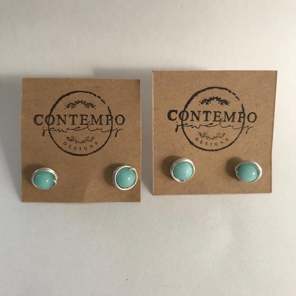 Handmade Sterling Silver & Amazonite stud earrings - Picture 3 of 4